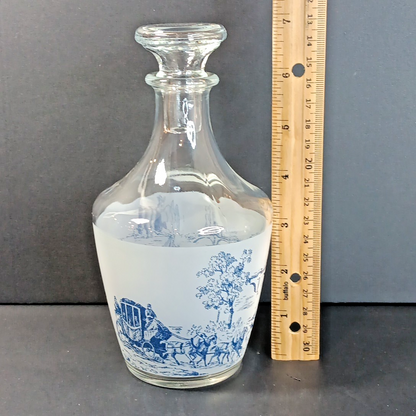 Vintage France Decanter w/ Stopper Stagecoach Boat Blue and White Frosted FRANCE