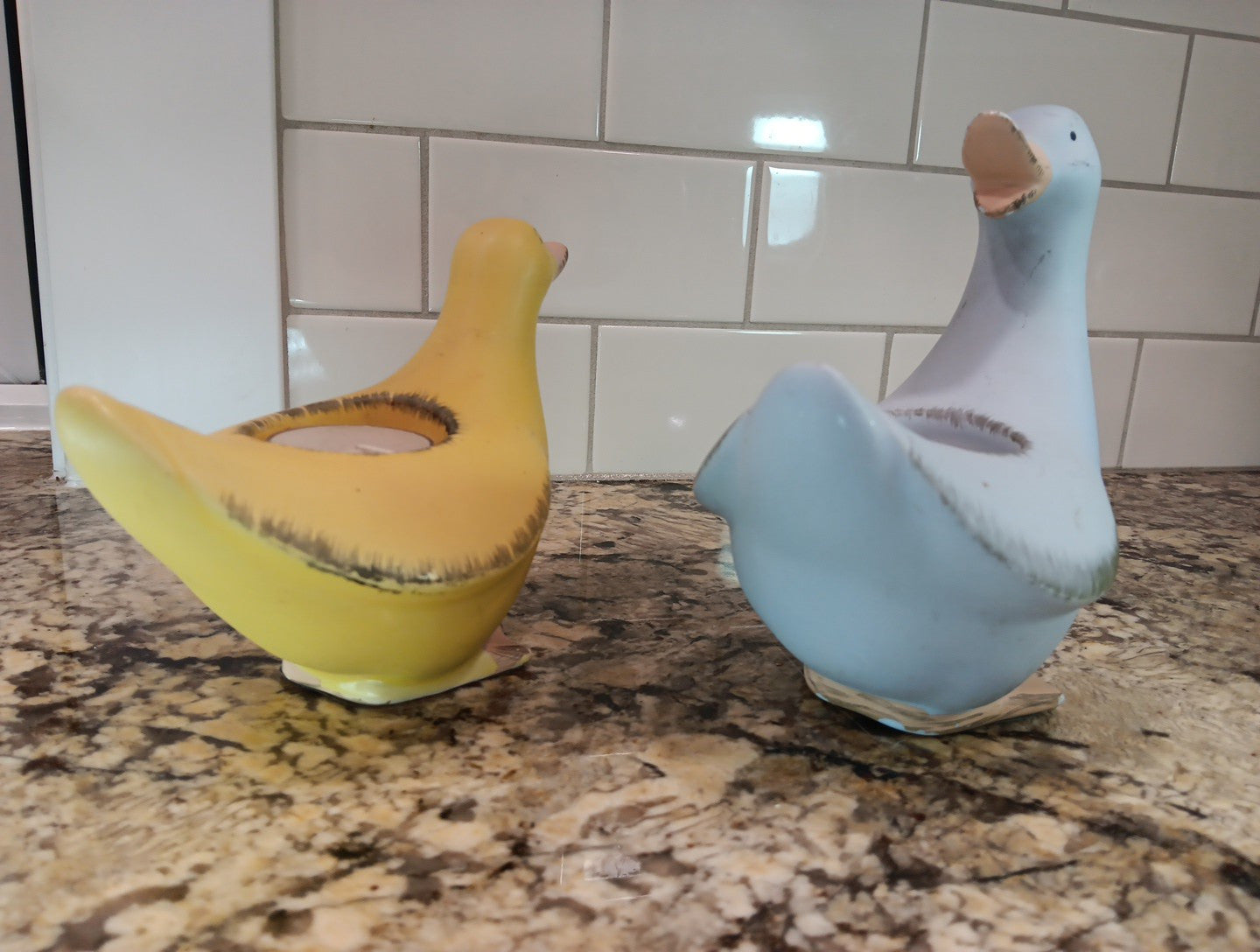 Vintage PartyLite Blue and Yellow Ducks (2) Ceramic Tea Light Holders