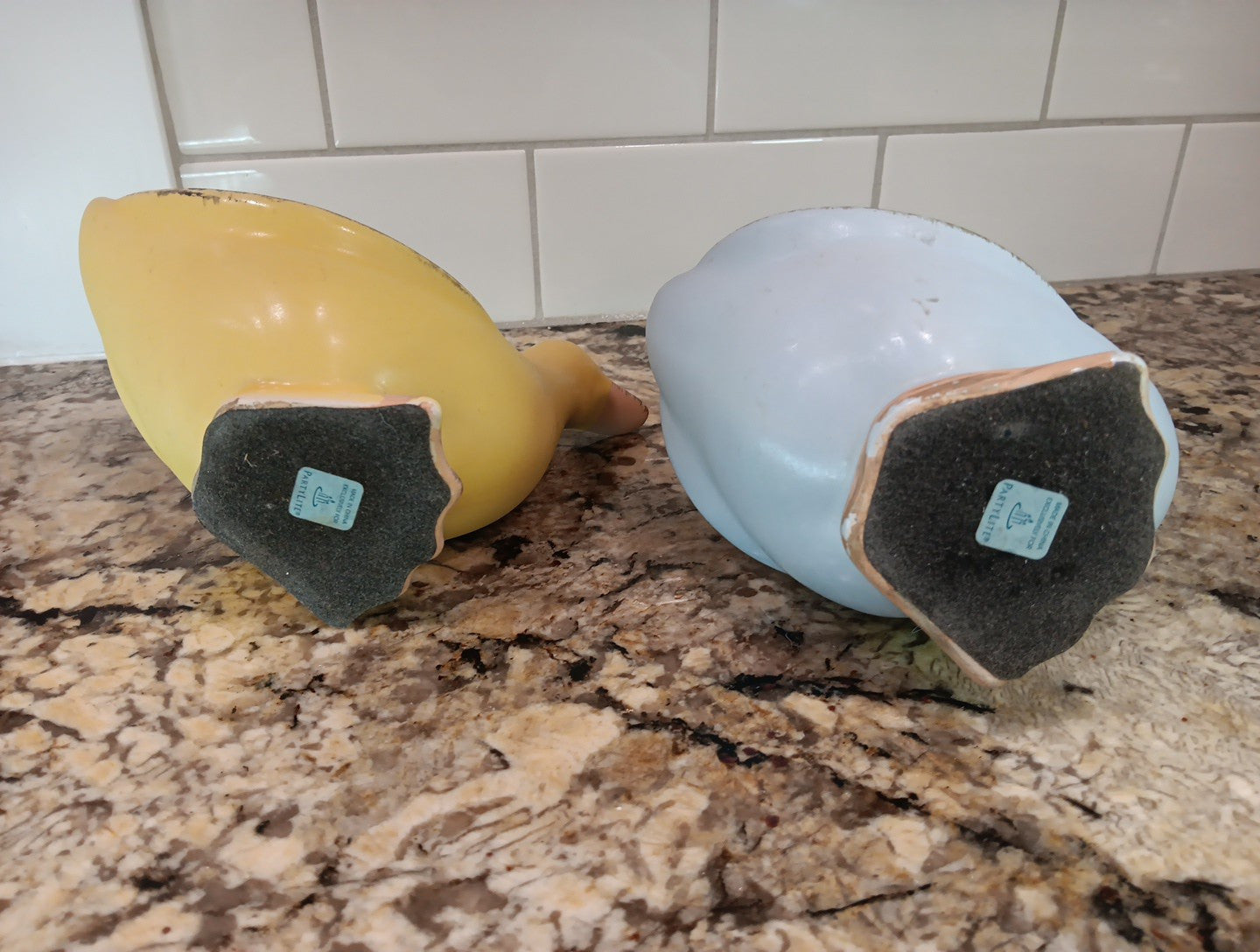 Vintage PartyLite Blue and Yellow Ducks (2) Ceramic Tea Light Holders