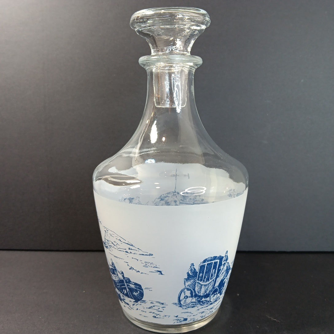 Vintage France Decanter w/ Stopper Stagecoach Boat Blue and White Frosted FRANCE
