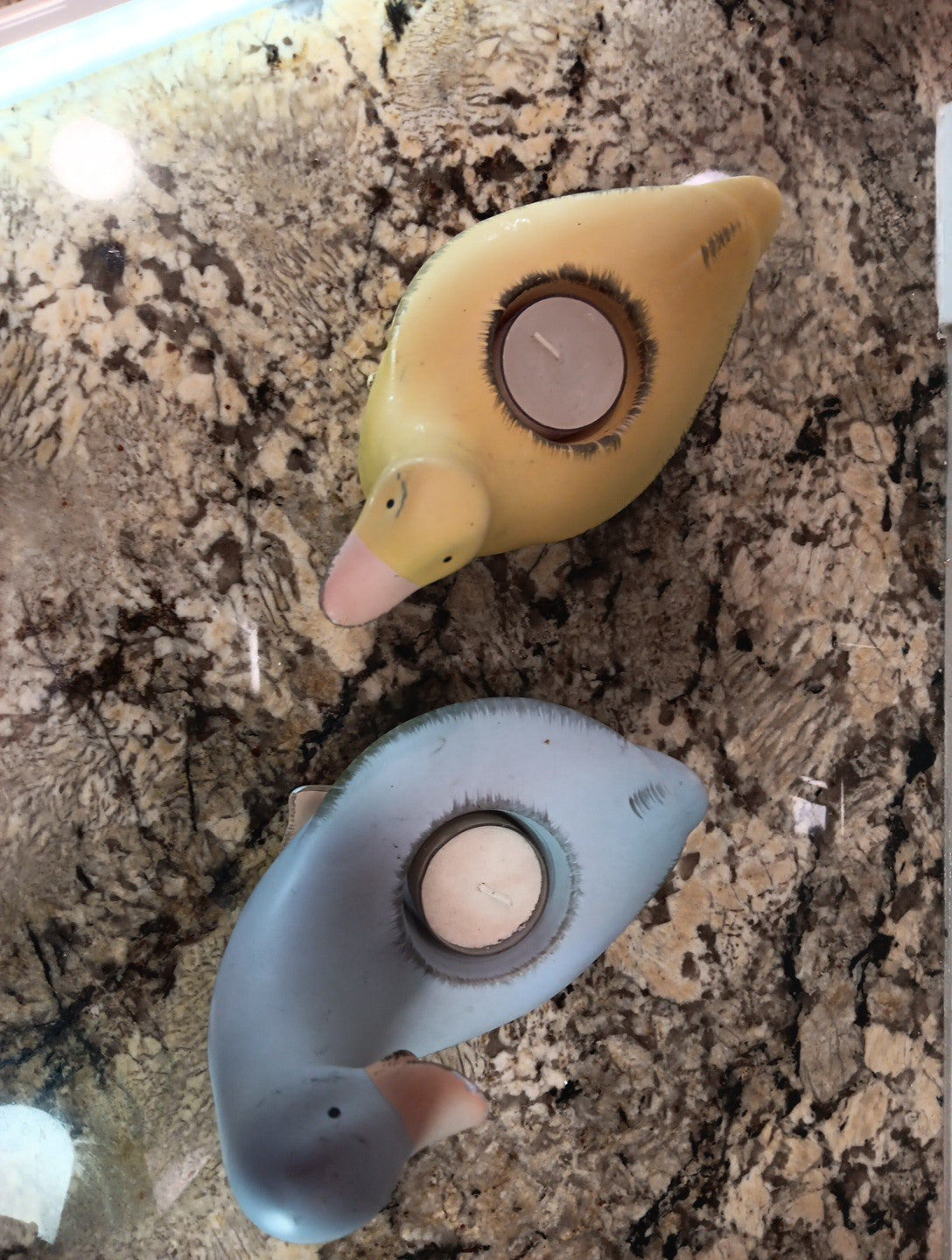 Vintage PartyLite Blue and Yellow Ducks (2) Ceramic Tea Light Holders