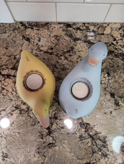 Vintage PartyLite Blue and Yellow Ducks (2) Ceramic Tea Light Holders