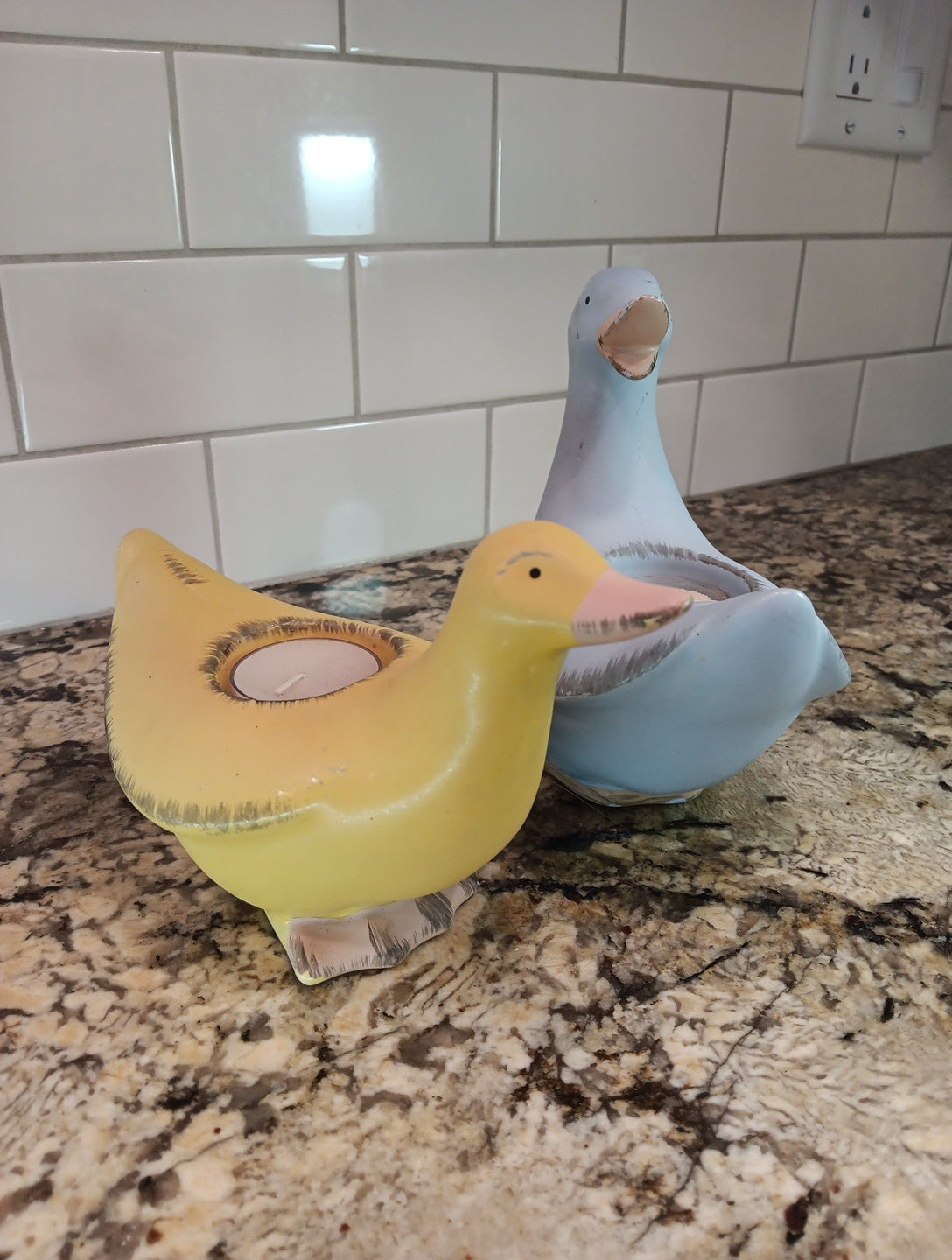 Vintage PartyLite Blue and Yellow Ducks (2) Ceramic Tea Light Holders