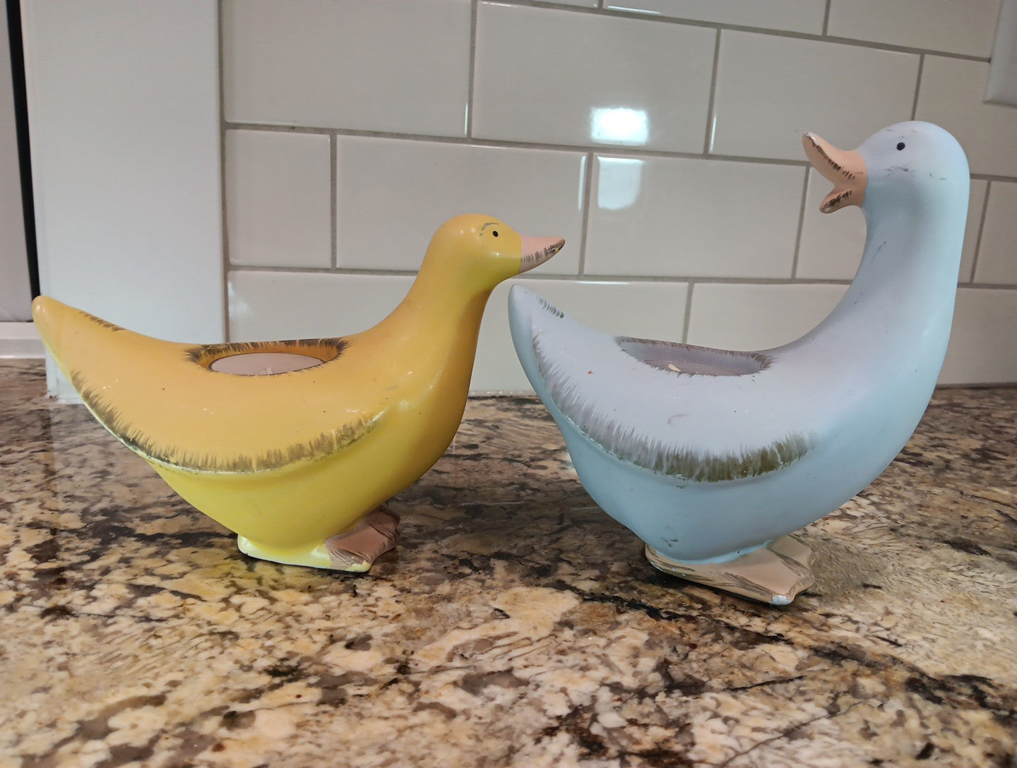 Vintage PartyLite Blue and Yellow Ducks (2) Ceramic Tea Light Holders