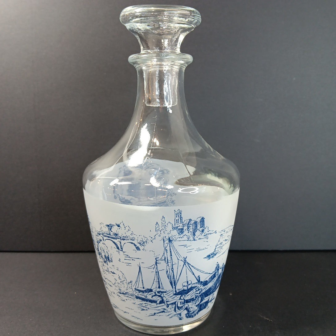 Vintage France Decanter w/ Stopper Stagecoach Boat Blue and White Frosted FRANCE