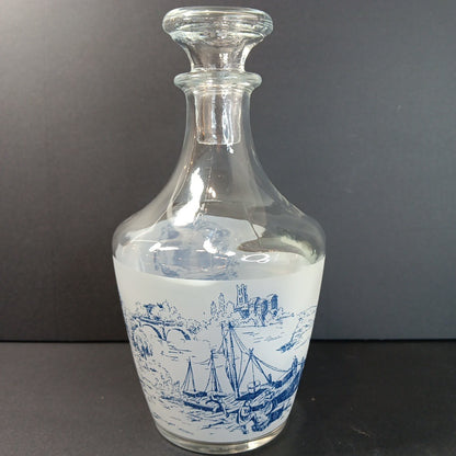 Vintage France Decanter w/ Stopper Stagecoach Boat Blue and White Frosted FRANCE