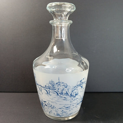 Vintage France Decanter w/ Stopper Stagecoach Boat Blue and White Frosted FRANCE