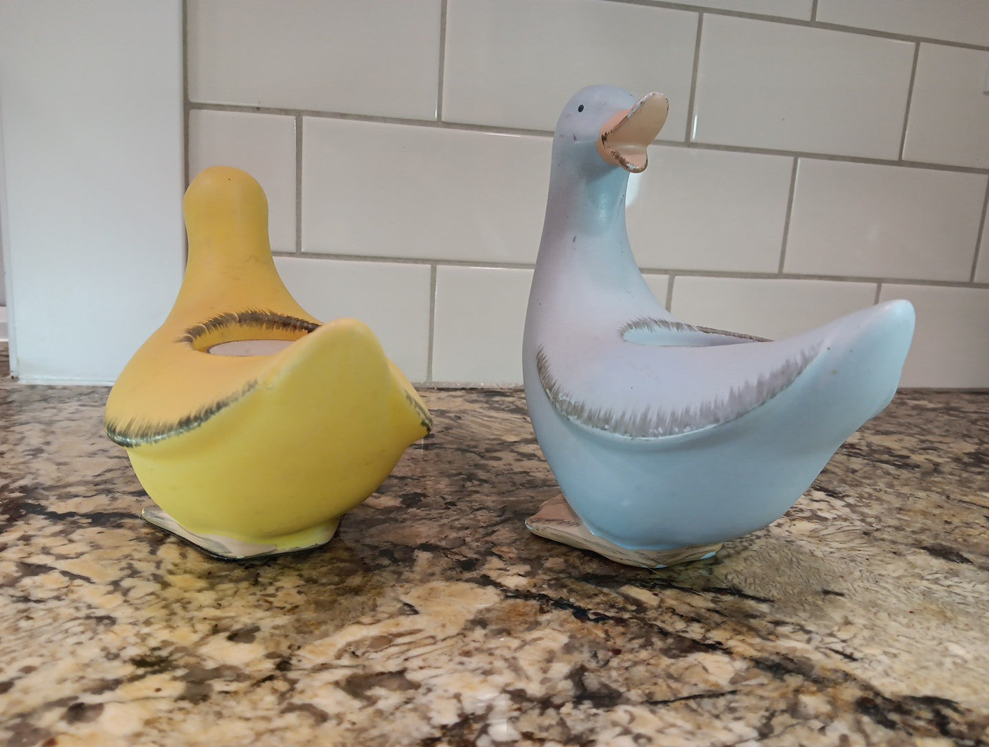 Vintage PartyLite Blue and Yellow Ducks (2) Ceramic Tea Light Holders