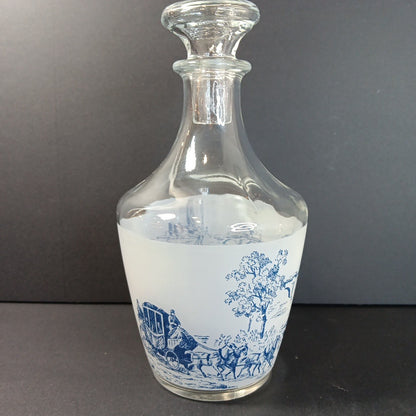 Vintage France Decanter w/ Stopper Stagecoach Boat Blue and White Frosted FRANCE