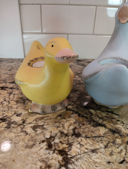Vintage PartyLite Blue and Yellow Ducks (2) Ceramic Tea Light Holders