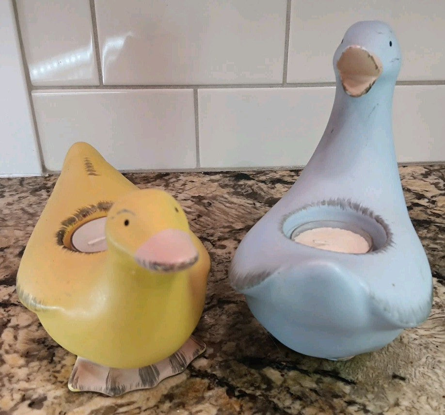Vintage PartyLite Blue and Yellow Ducks (2) Ceramic Tea Light Holders