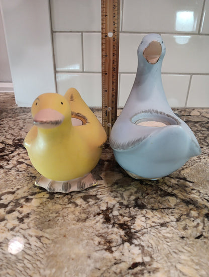 Vintage PartyLite Blue and Yellow Ducks (2) Ceramic Tea Light Holders