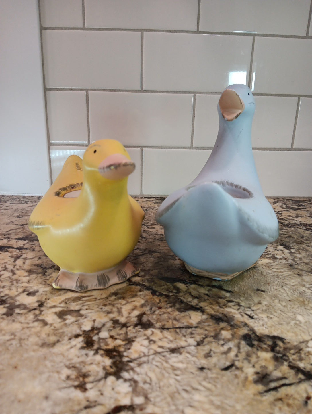 Vintage PartyLite Blue and Yellow Ducks (2) Ceramic Tea Light Holders