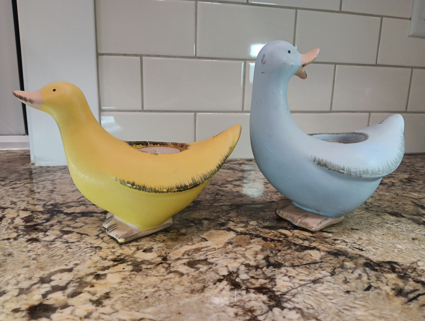 Vintage PartyLite Blue and Yellow Ducks (2) Ceramic Tea Light Holders