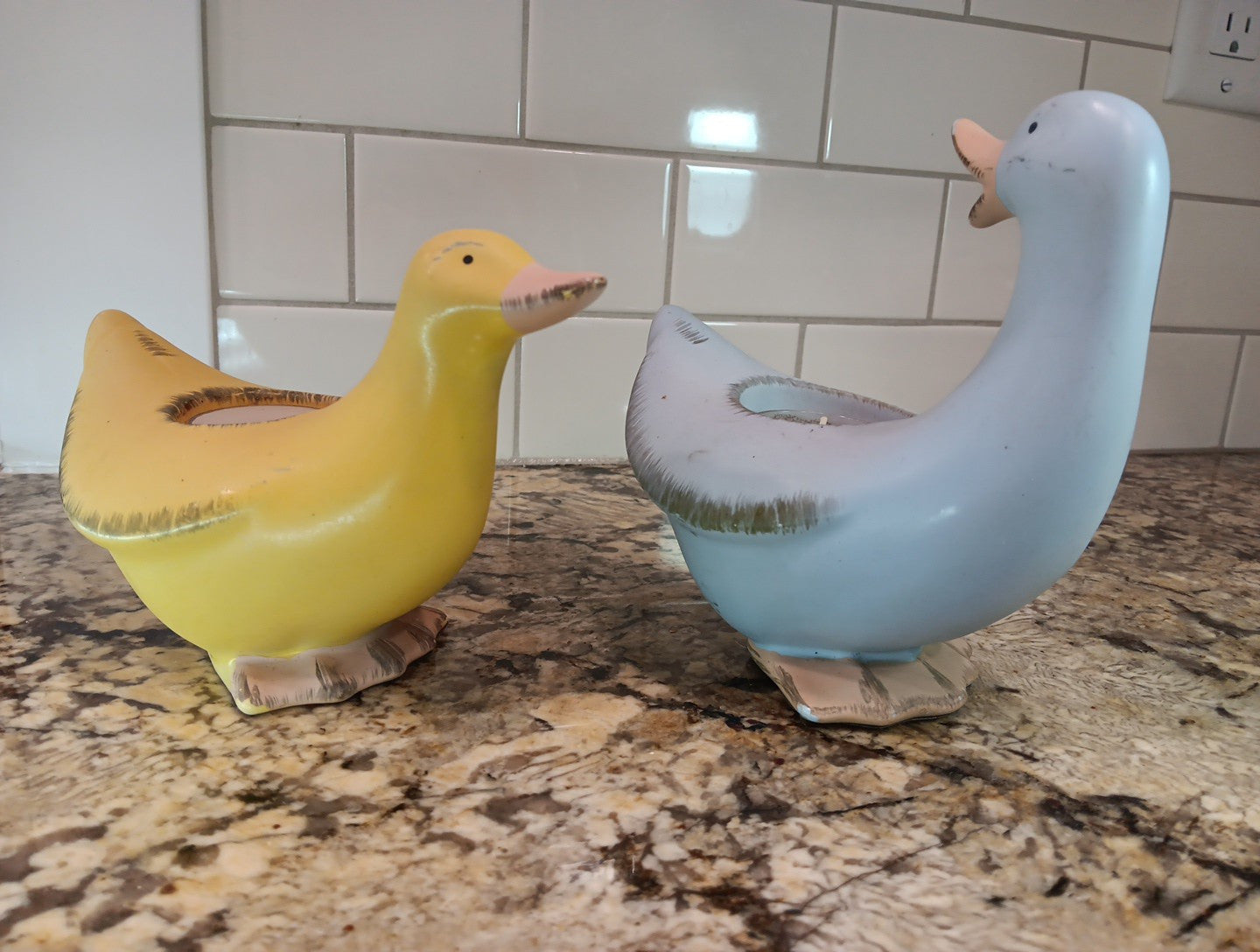 Vintage PartyLite Blue and Yellow Ducks (2) Ceramic Tea Light Holders